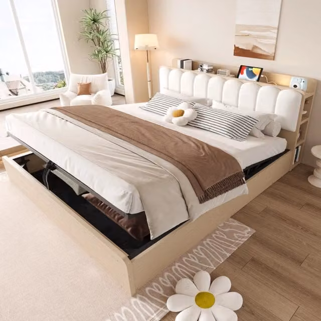 Letto contenitore 180 x 200 cm con contenitore idraulico, USB e luce notturna, matrimoniale in legno naturale con testiera imbottita e contenitori
