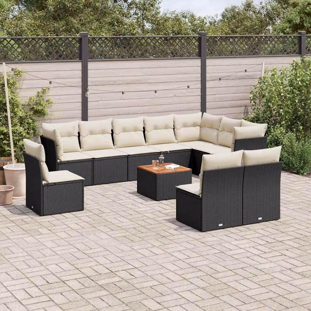 vidaXL Set Divani da Giardino 11 pz a Forma a L con Cuscini in Polyrattan e Tessuto Resistente ai Raggi UV, Colore Nero e Bianco – 1