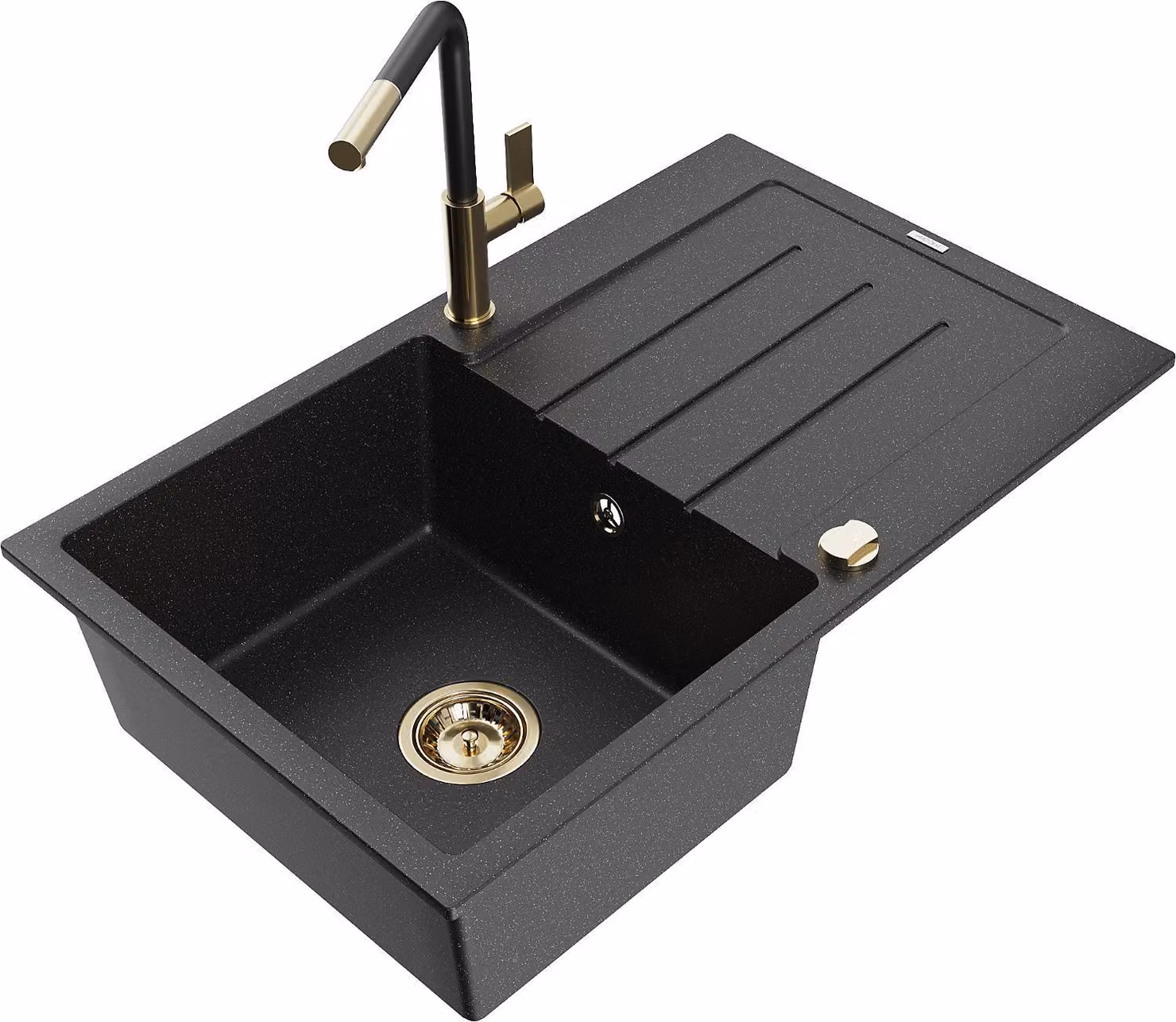 Mexen Bruno lavello in granito a 1 vasca con sgocciolatoio e miscelatore Flora, nero/metallico argento - 6513-73-670401-57-G