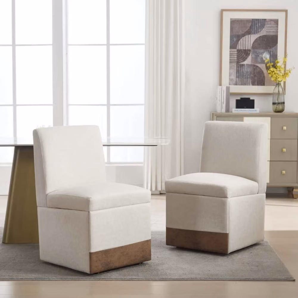 AIORBER sedie per sala da pranzo, set di 2, imbottite, con vano portaoggetti e rotelle, sedie girevoli in tessuto, morbide e confortevoli, per sala da pranzo, soggiorno, 50x59x86cm, beige
