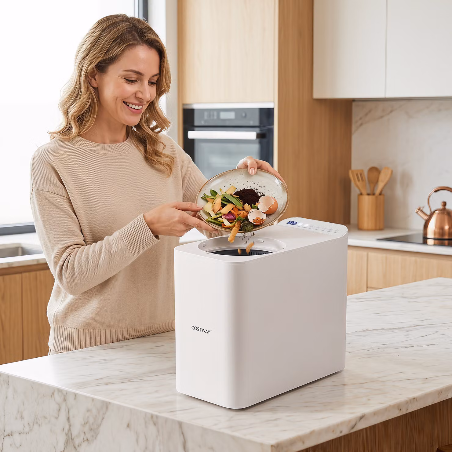 Compostiera elettrica da cucina Costway bianca con timer, funzione asciugatura, macinatura e raffreddamento, capacità 3 L