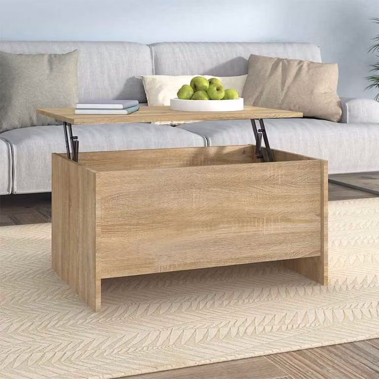 Tavolino da salotto moderno vidaXL in legno color rovere con meccanismo sollevabile, L: 80 cm, P: 55,5 cm, H: 41,5 cm
