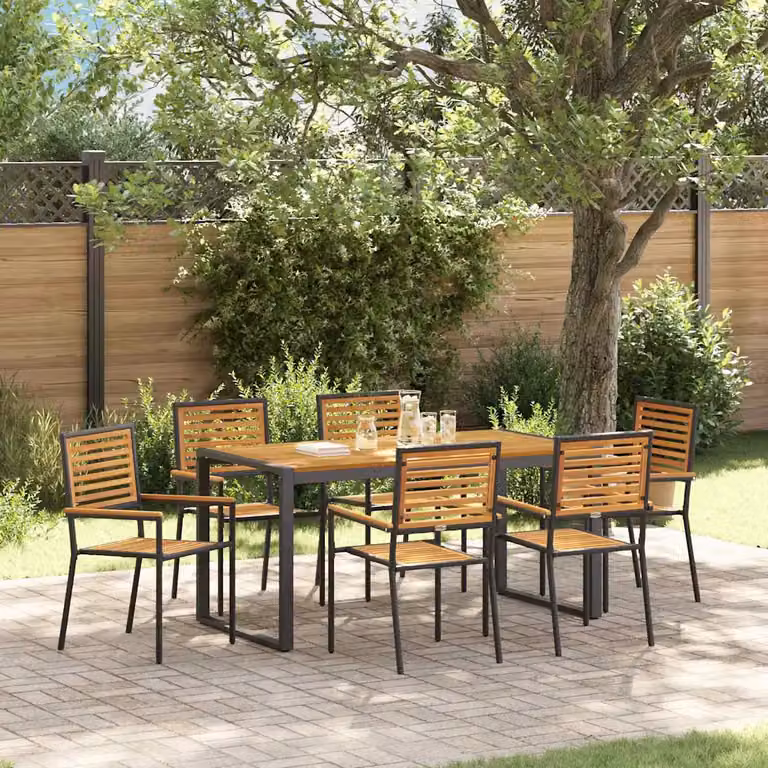 Set da pranzo per giardino e terrazza vidaXL in polyrattan da 7 pezzi, colore nero e marrone con tavolo in legno di acacia
