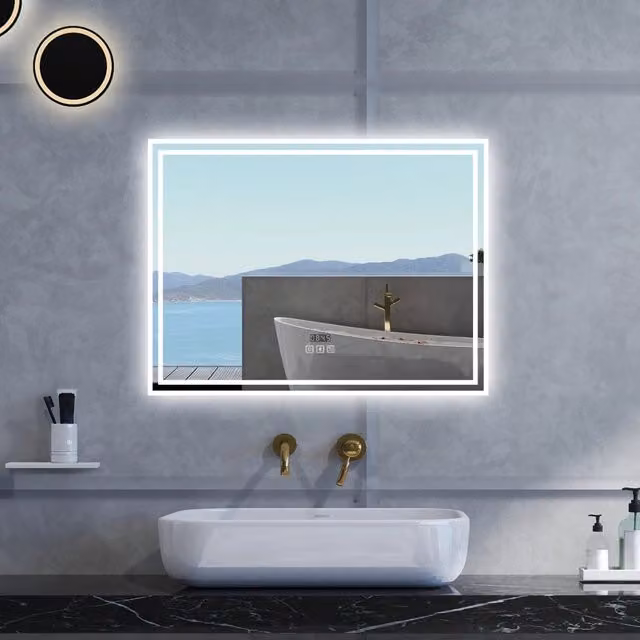 Specchio da bagno Rettangolare con 140x80cm,Blue tooth,orologi,3 colori,Memoria, Antifog,Regorabile,Retroilluminato,doppio interruttore,