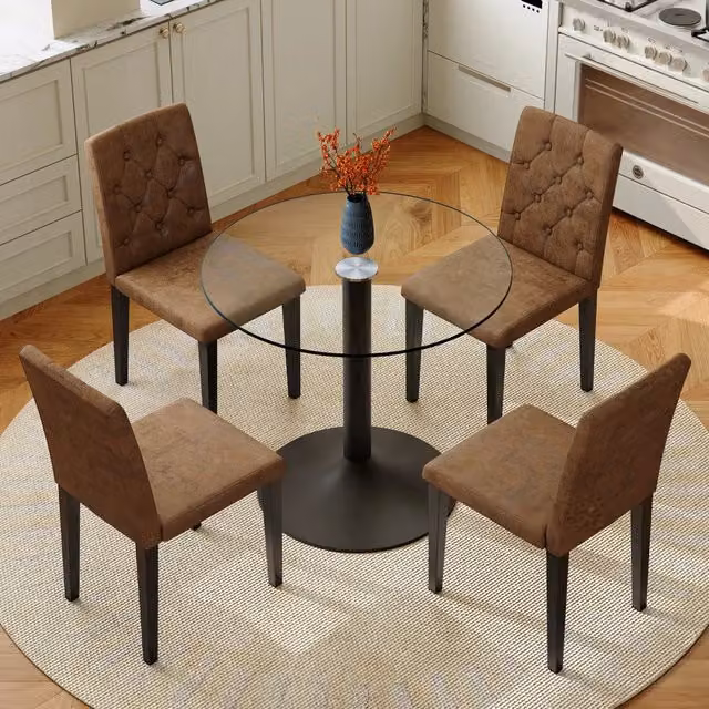 Set tavolo da pranzo rotondo in vetro con 4 sedie marroni in similpelle e base in metallo