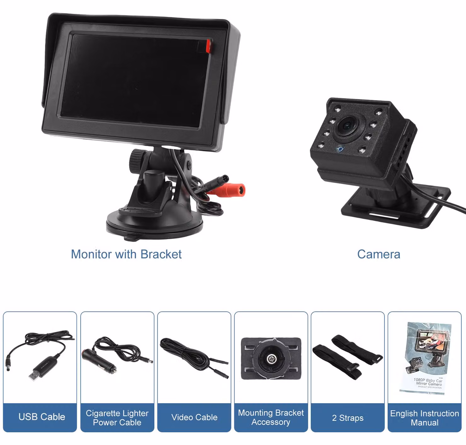 Videocamera per auto per bambini con monitor da 4,3 pollici, risoluzione 1080p, orientata verso il sedile posteriore con visione notturna, rotazione a 360°, ampio angolo di visione, presa USB per la sicurezza