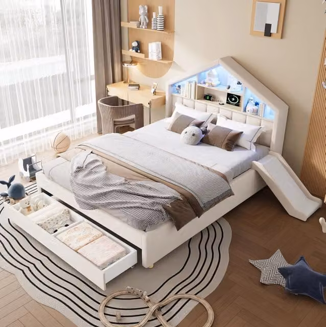 Letto per bambini imbottito 140x200 cm con scivolo montabile a sinistra/destra; LED; vano contenitore; beige