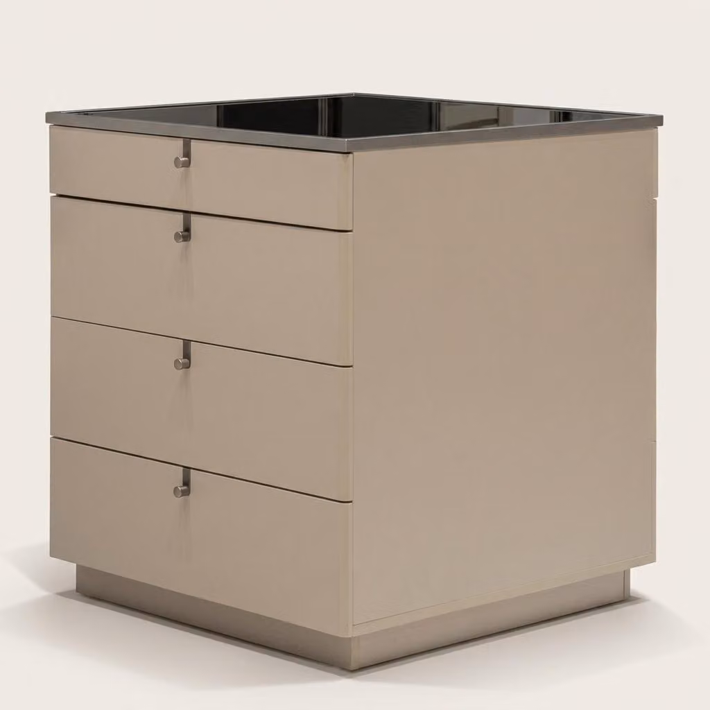 Comodino beige, stile moderno, confortevole, pratico, compatto, funzionale, robusto