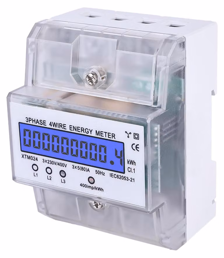 Contatore di energia elettrica trifase digitale, montabile su guida DIN, con portata nominale di 5(80) A