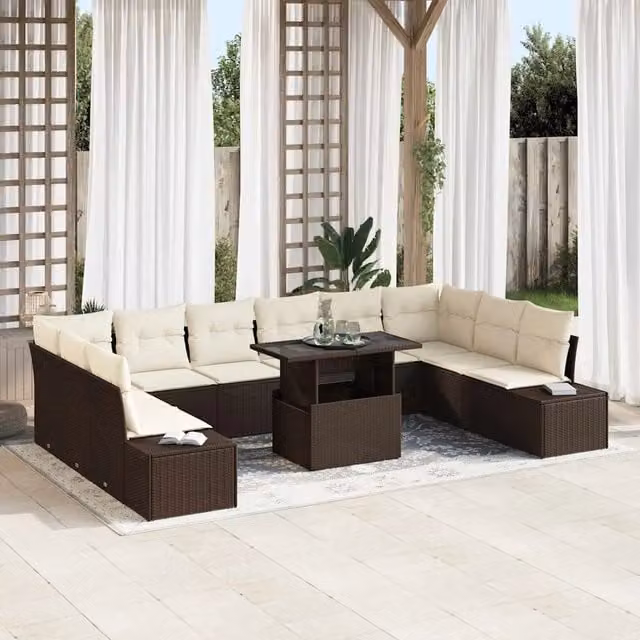 Set Divano da Giardino vidaXL 11 Pezzi in Polyrattan Marrone e Beige con Tavolino e Cuscini