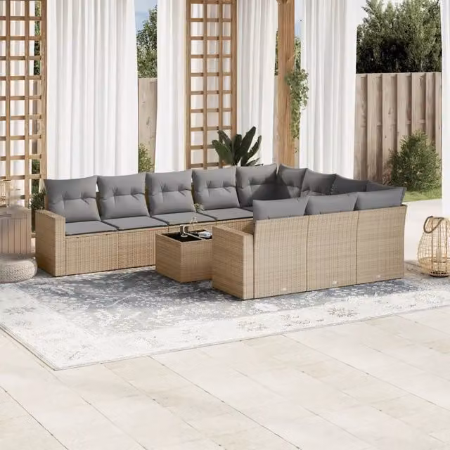 Set di divani da giardino VIDAXL in polyrattan con 11 pezzi e cuscini beige