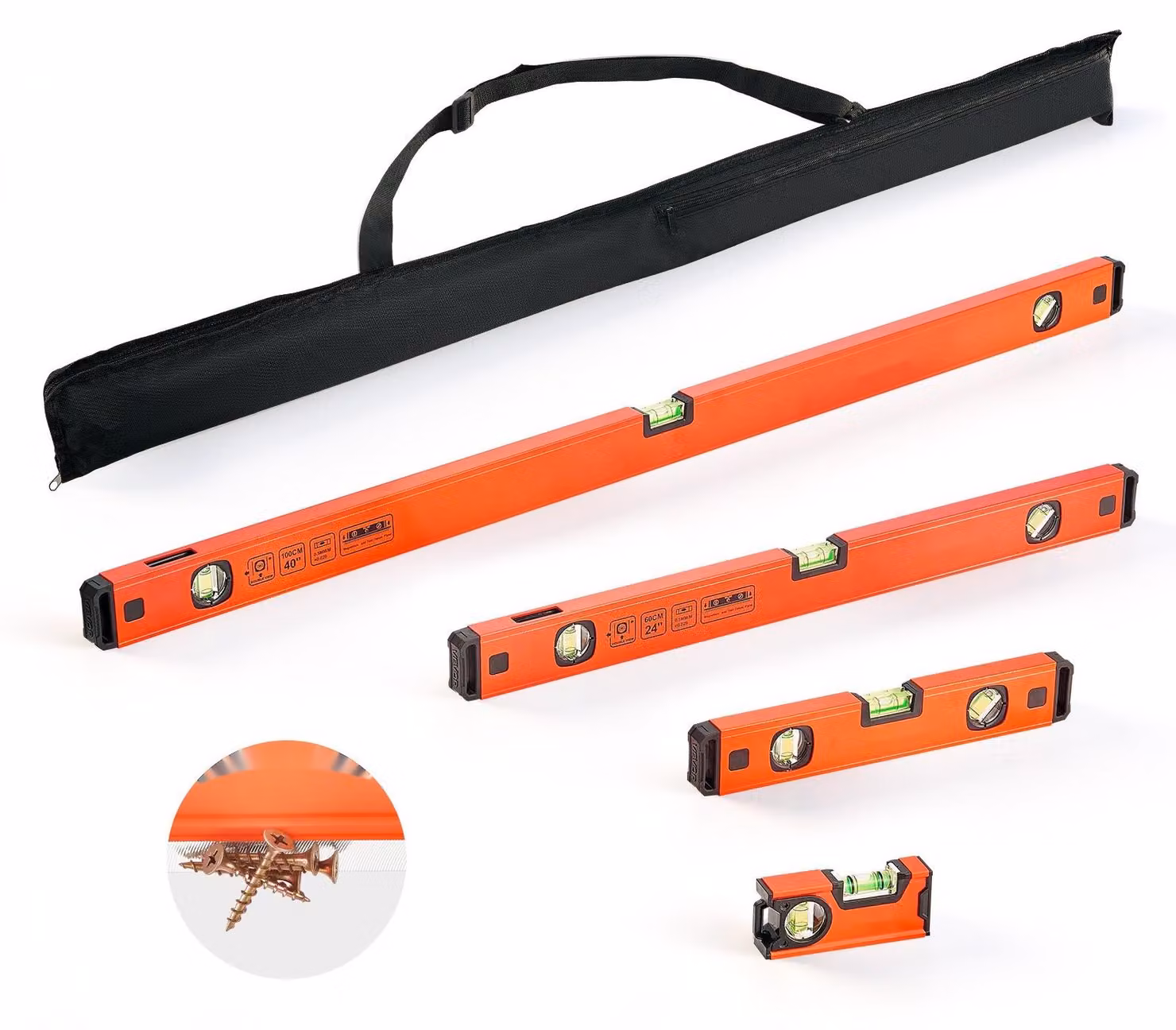 Set di livelle - Set di 4 livelle di precisione - Lunghezze: 12/30/60/100 cm - 3 fiale: 0°/45°/90° - Precisione: 0,5 mm/m - Livella magnetica per muratori - Visualizzazione verticale e foro per il fissaggio