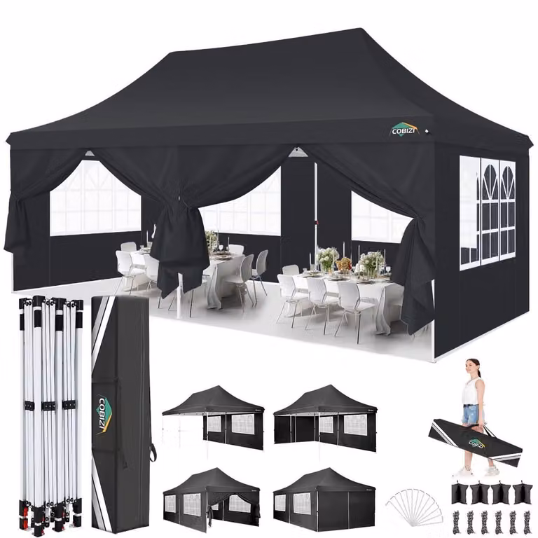 Gazebo da esterno 3x6 metri, impermeabile, con protezione UV 50+, realizzato in tessuto Oxford 420D, colore nero, dotato di 6 pareti laterali