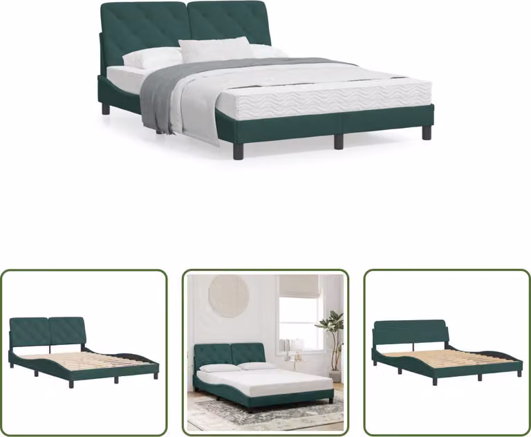 The Living Store Struttura letto con testiera in velluto verde scuro 140x200 cm