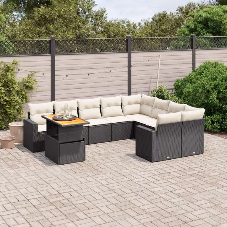 vidaXL Set Divani da Giardino a Forma di L in Polyrattan Nero con Cuscini e Tavolino da Esterno