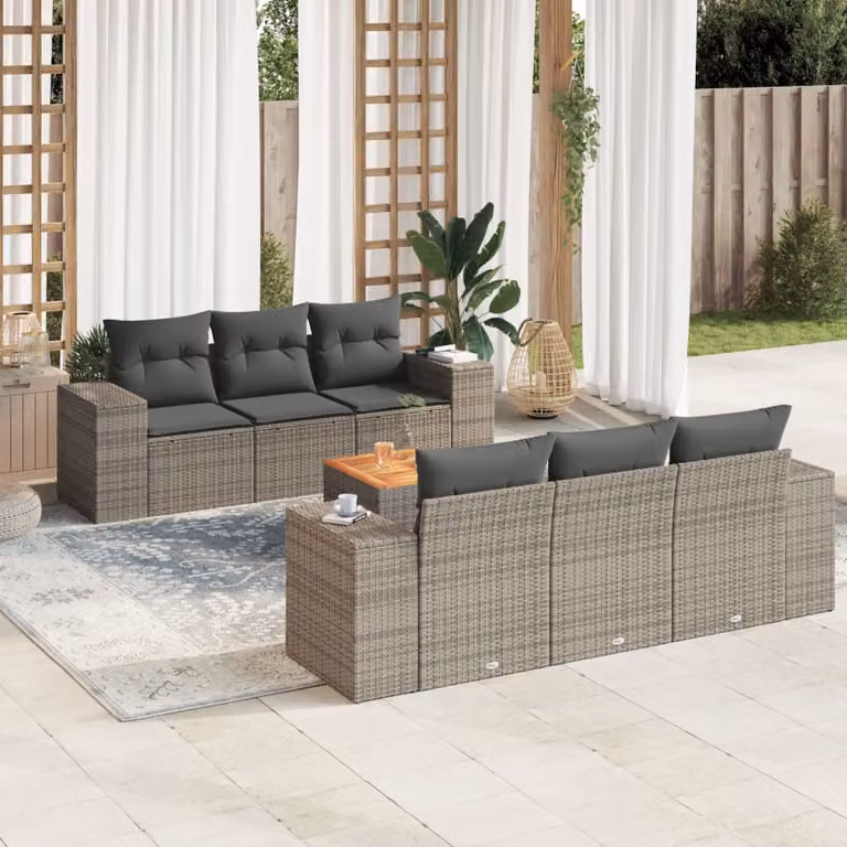 Set di divani da giardino vidaXL 7 pezzi in polyrattan grigio con cuscini e tavolino da esterno