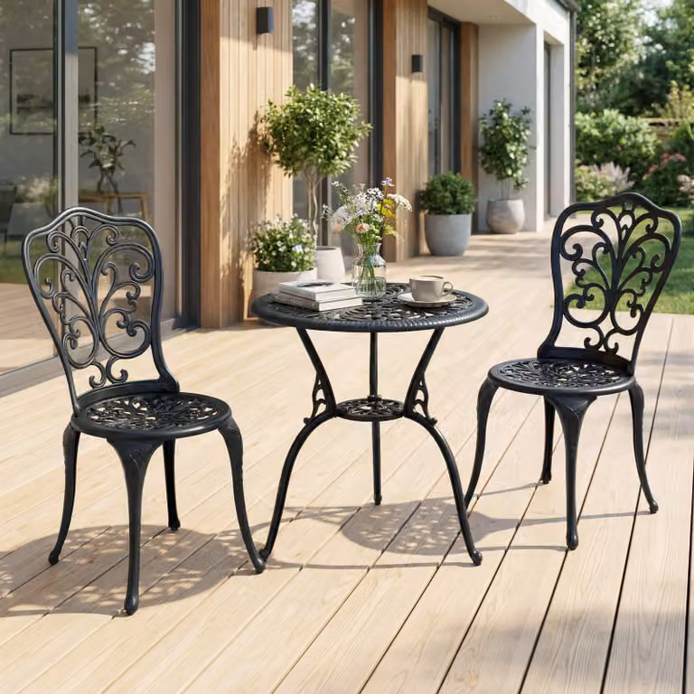 Set bistrot da esterno Costway in alluminio pressofuso nero con tavolo rotondo e 2 sedie per giardino