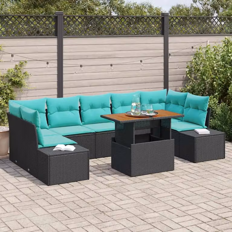 Set Divano da Giardino Moderno vidaXL 8 pz in Rattan Polimerico Nero e Turchese