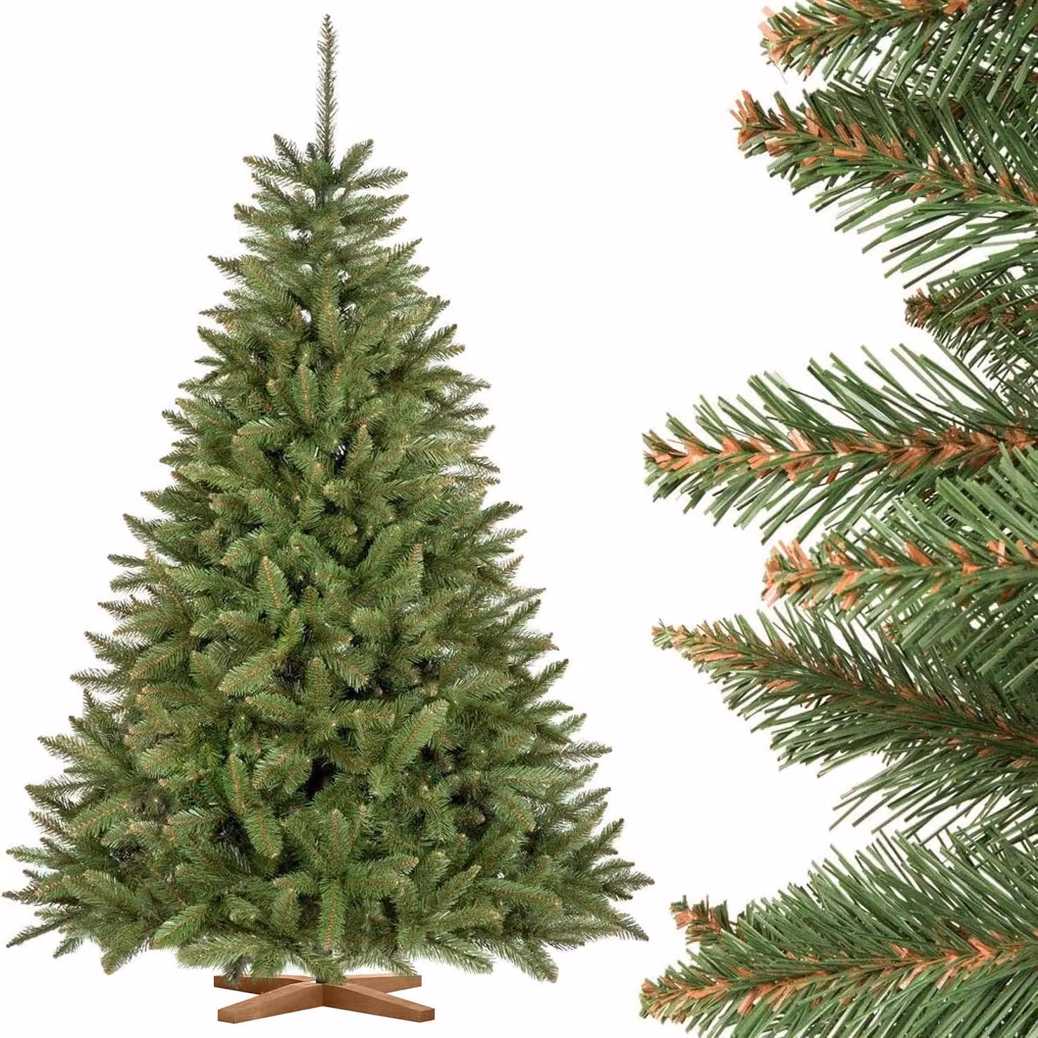 Albero di Natale artificiale FairyTrees 180cm Abete Rosso/Peccio naturale con supporto in legno | Abete di Natale artificiale con tronco verde | Facile da Montare | Prodotto in EU