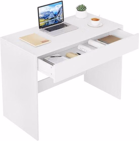 Scrivania Azomor bianca con cassetto e design minimalista, ideale per studiare e lavorare