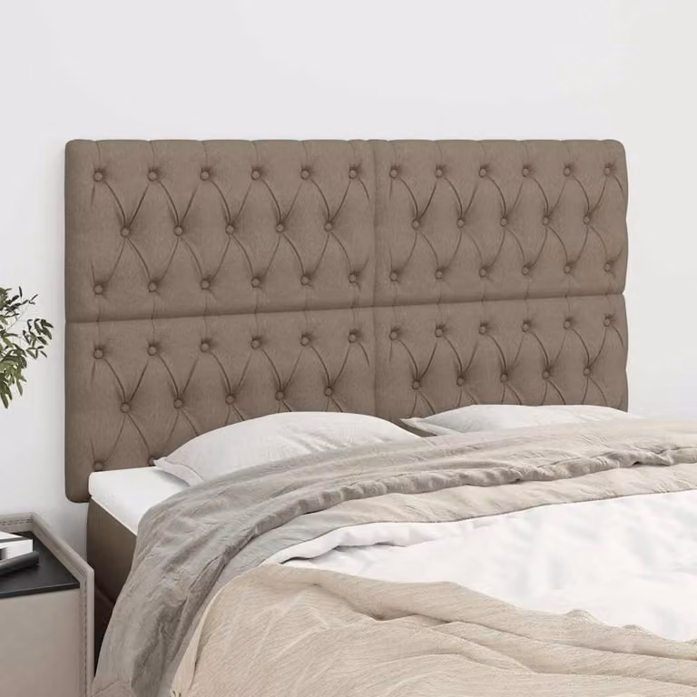 Testiera per letto vidaXL in tessuto beige e grigio con struttura in legno, L: 144 cm, P: 7 cm, H: 118-128 cm