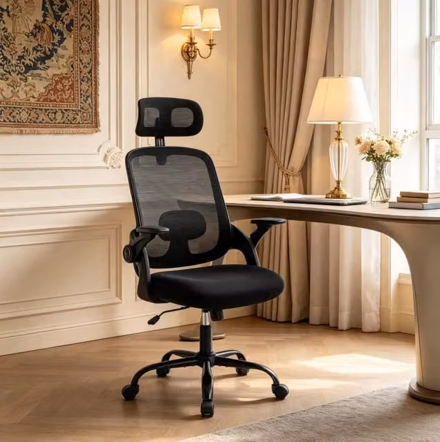 Sedia da ufficio ergonomica con schienale alto in rete nera, altezza regolabile, braccioli 3D, ideale per ufficio e conferenze