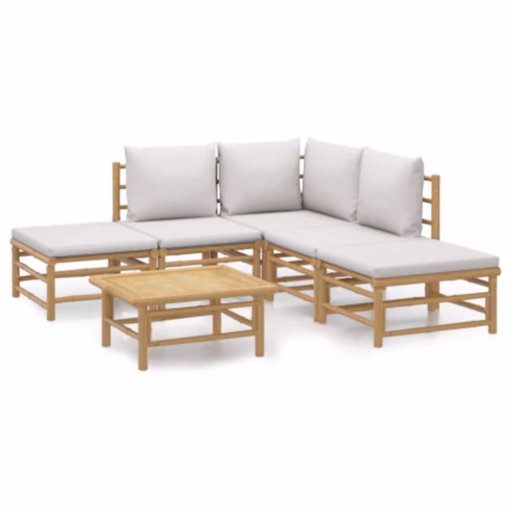 Set Salotto da Giardino 6pz con Cuscini Grigio Chiaro Bambù