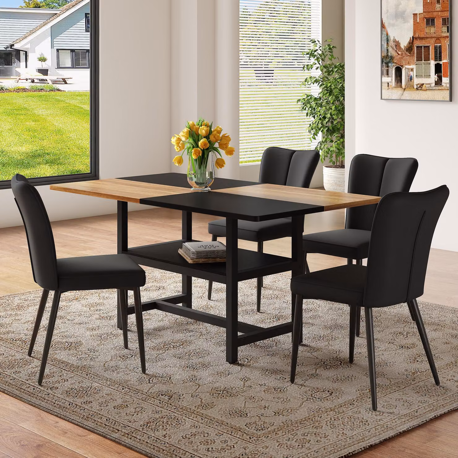STILVORA STILVORA Set da pranzo rettangolare con funzione di contenimento, tavolo da pranzo con 4 sedie moderne nere, set di sedie da pranzo con gambe in metallo nero. Adatto per soggiorno, zona pranzo, cucina ecc.