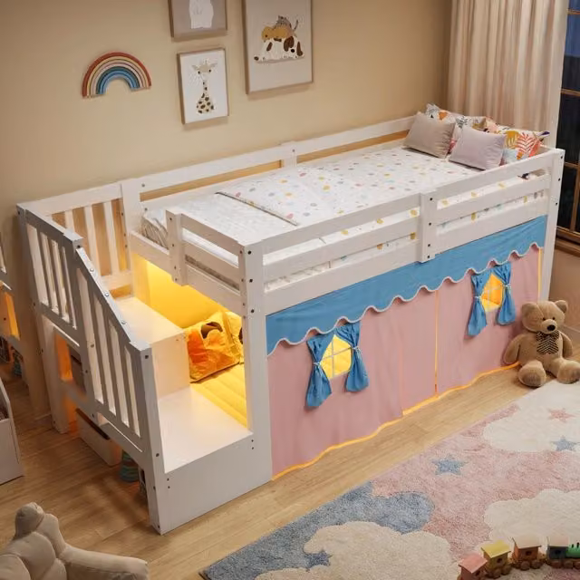Letto a soppalco 90 × 200 cm con tende oscuranti, LED regolabile, spazio contenitore e senza materasso, bianco