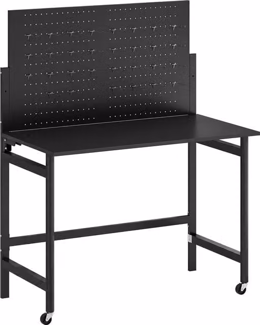 HOMCOM Banco da Lavoro Pieghevole Portatile con Pannello Perforato, Piano in Legno e Struttura in Acciaio, Nero – 1