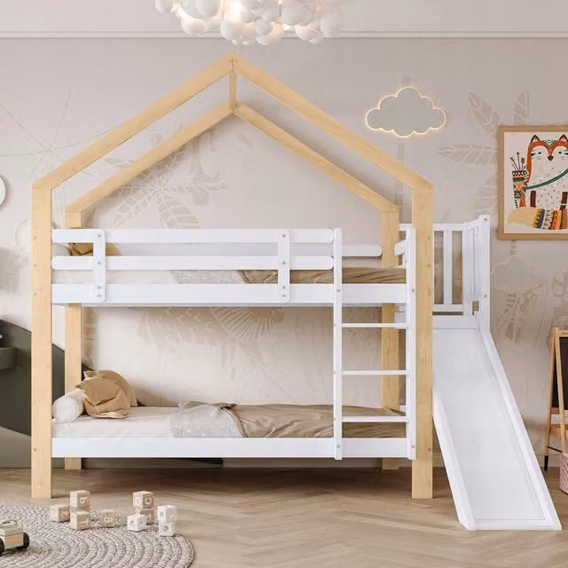 Letto a castello 90x200 - Xylo - Bianco/Naturale con scivolo e scala