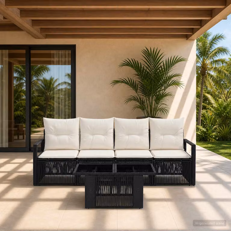 Set Divano da Giardino vidaXL 5 Pezzi in Polyrattan Nero e Bianco con Cuscini e Tavolino da Caffè