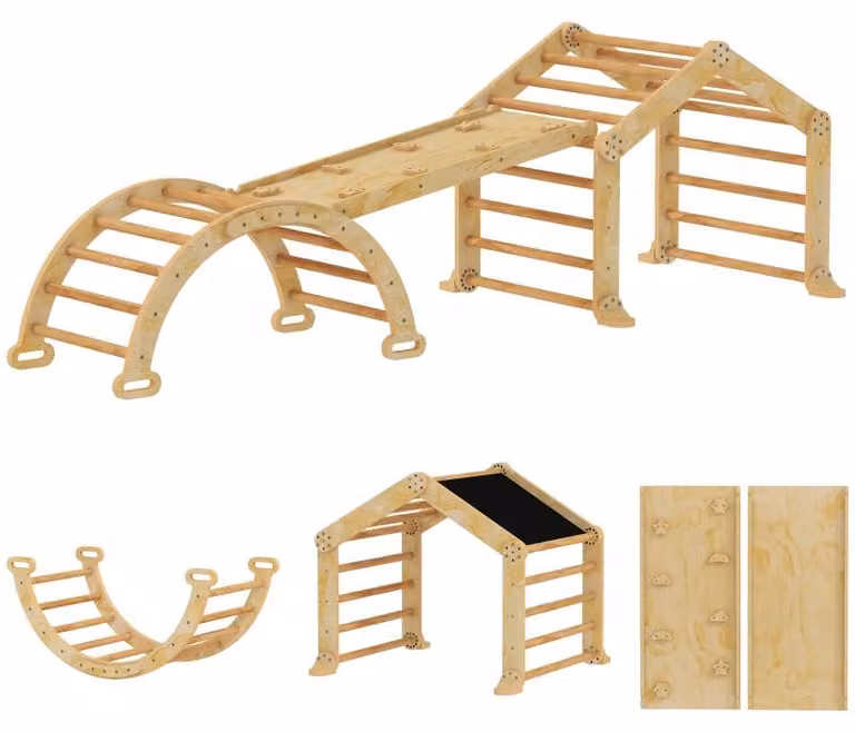 Moonbite, struttura gioco indoor multifunzione 9-in-1, altezza 100 cm, con lavagna, scivolo a doppia faccia, arco con funzione dondolo, scaletta, portata massima 50 kg, realizzata in legno naturale