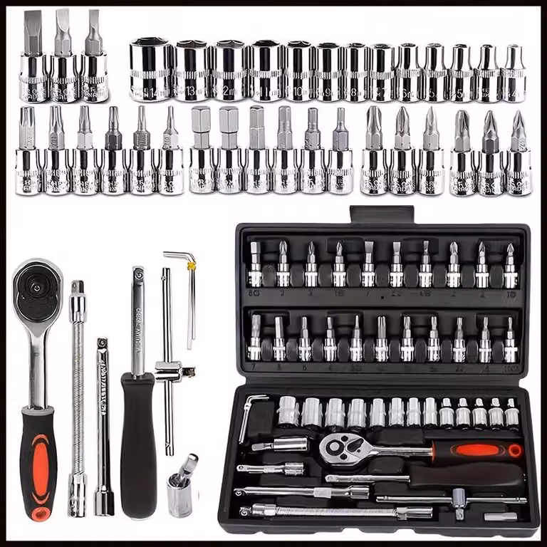 Set di 46 chiavi a bussola Vielzahn, per riparazioni auto e moto, con prese, cricchetti, chiavi a bussola e set di punte, valigetta porta attrezzi, nero