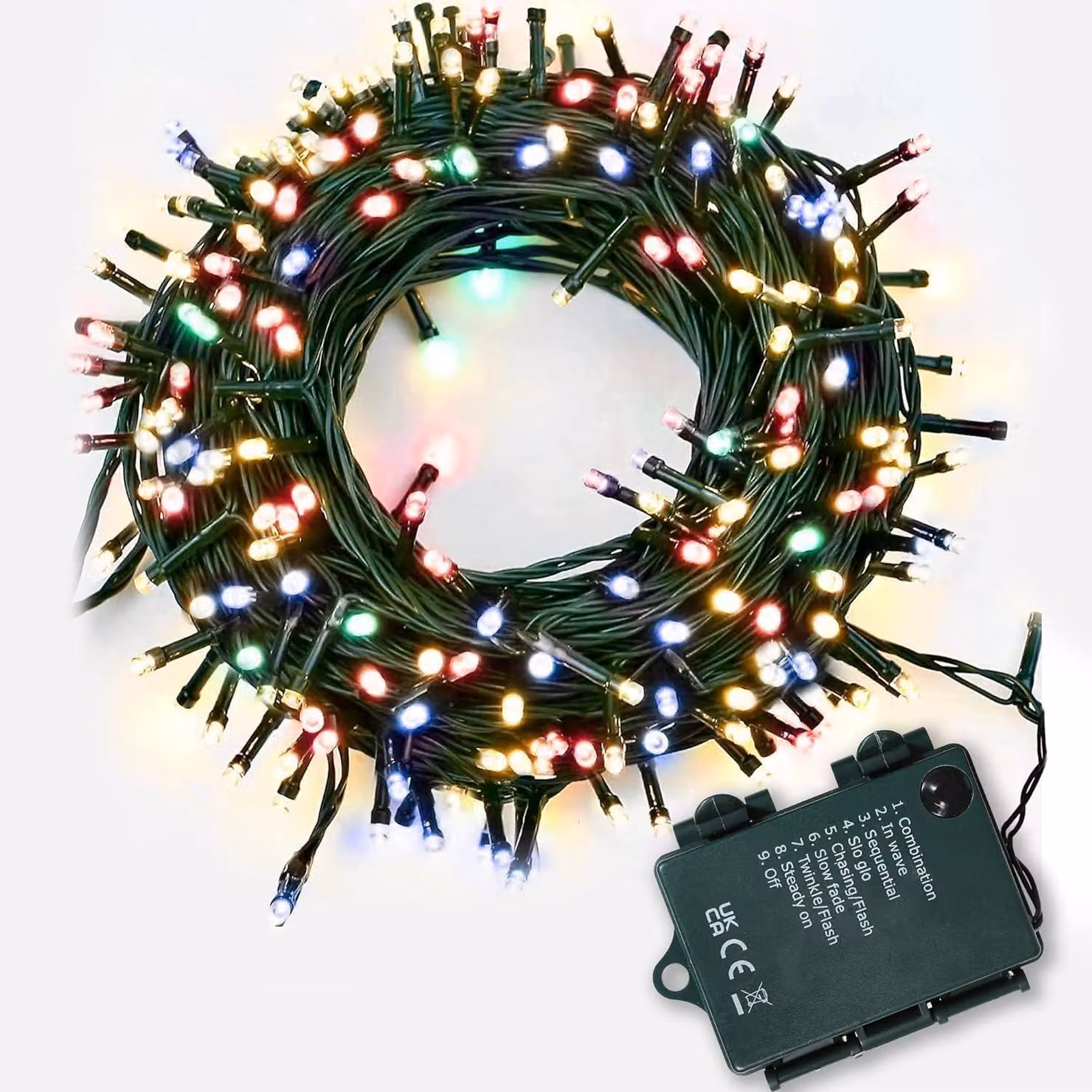 Catena luminosa con 100 LED, 10 metri, multicolore, grado di protezione IP44, alimentazione a batteria, 8 modalità