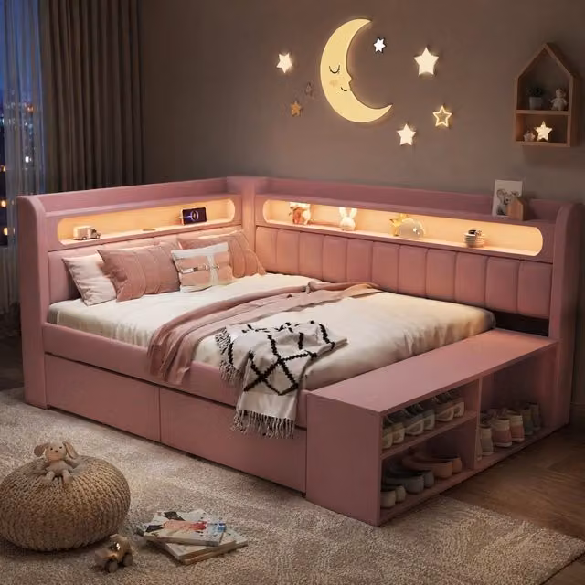 Letto singolo a piattaforma 90 × 200 cm con USB LED 7 colori due cassetti mobile portascarpe rosa