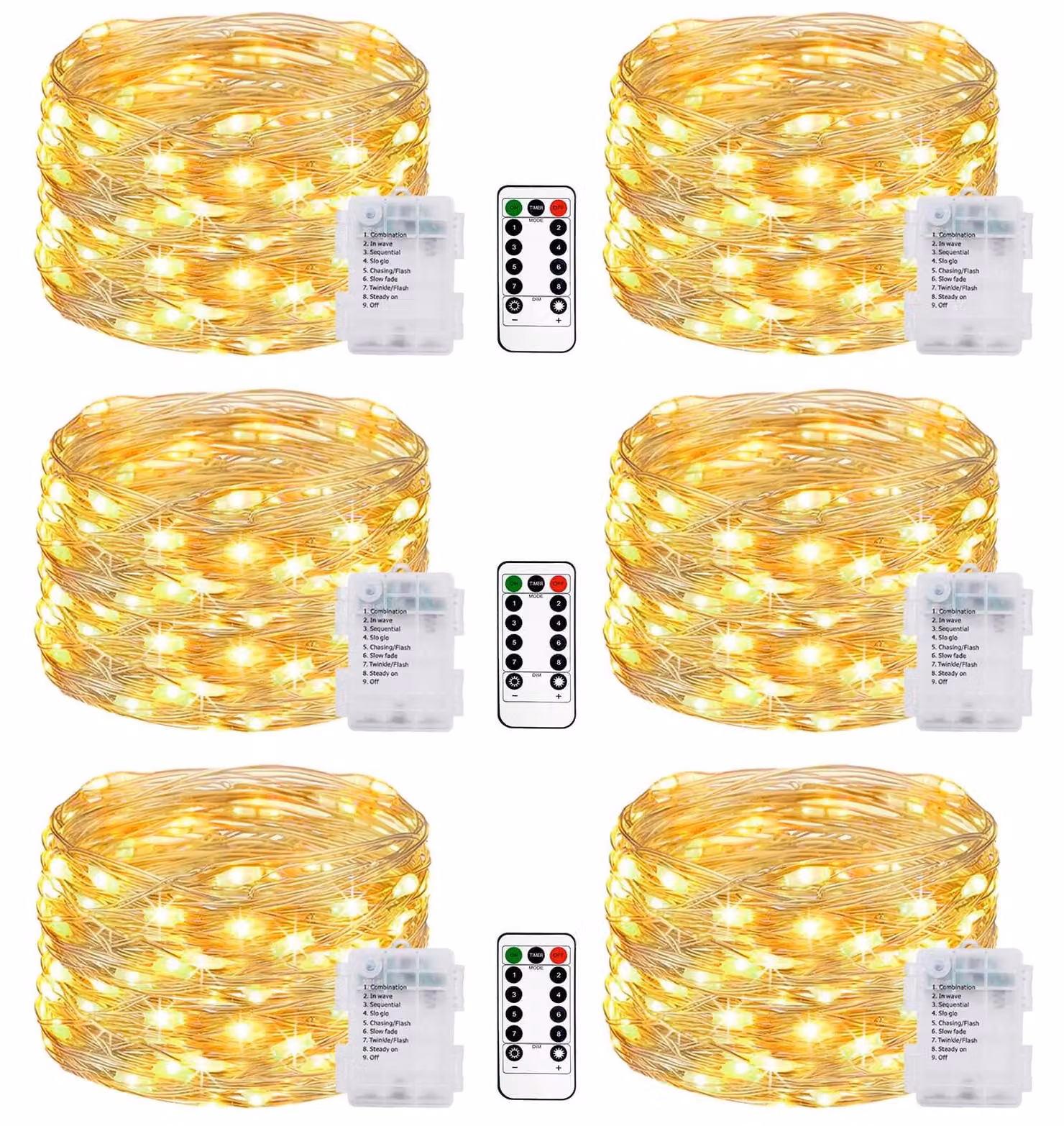 Set di 6 catene luminose LED, lunghezza 5 metri, 50 lampadine, luce bianco caldo, alimentazione a batteria