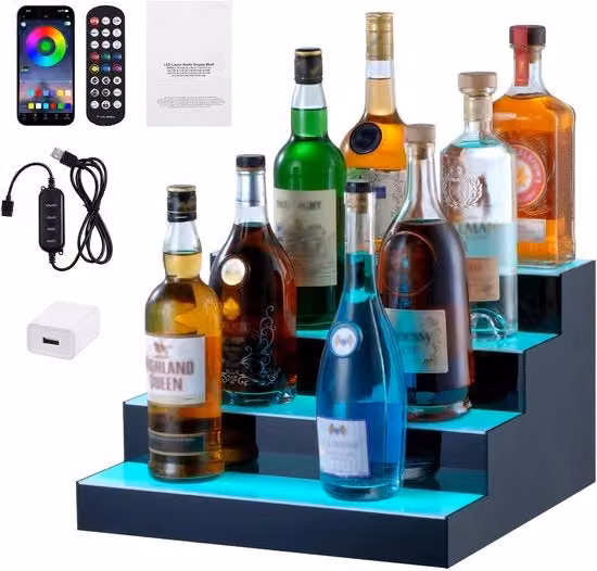Display per bottiglie a 4 livelli con illuminazione LED RGB e telecomando RF, pannello in acrilico trasparente da 40,64 cm per bar e casa