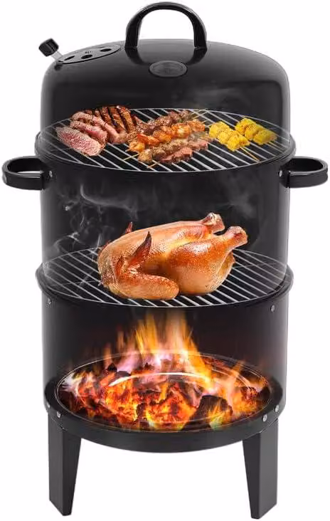 Forno affumicatore 3 in 1: barbecue, affumicatore e forno, diametro 40 cm. Griglia a carbone con termometro e coperchio, dotato di 2 livelli. Ideale per barbecue, affumicatura e cotture lente