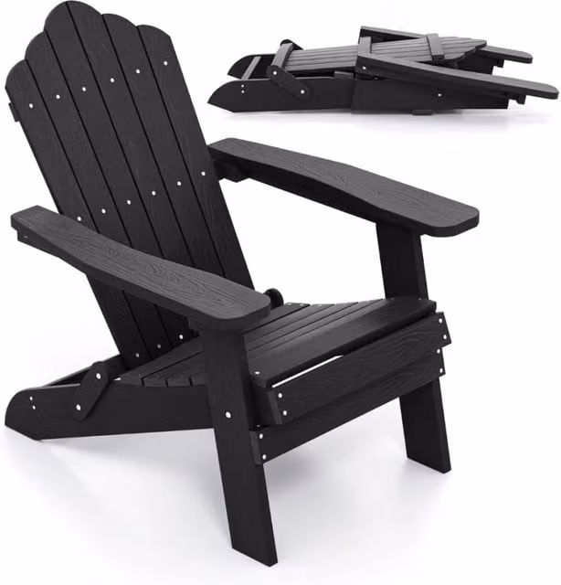 Sedia Adirondack pieghevole in acciaio inossidabile e plastica resistente alle intemperie con braccioli larghi, colore nero opaco, impilabile per giardino e patio – 1