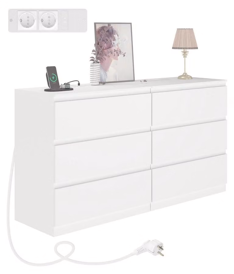 Set di 2 comodini bianchi, con 3 cassetti, 2 porte USB e 2 prese di corrente, dimensioni 70x40x75 cm