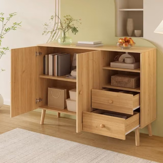 Madia REDOM in stile scandinavo con 2 ante, 2 cassetti e 2 vani aperti, colore beige, L/P/H: 118 x 35 x 82 cm