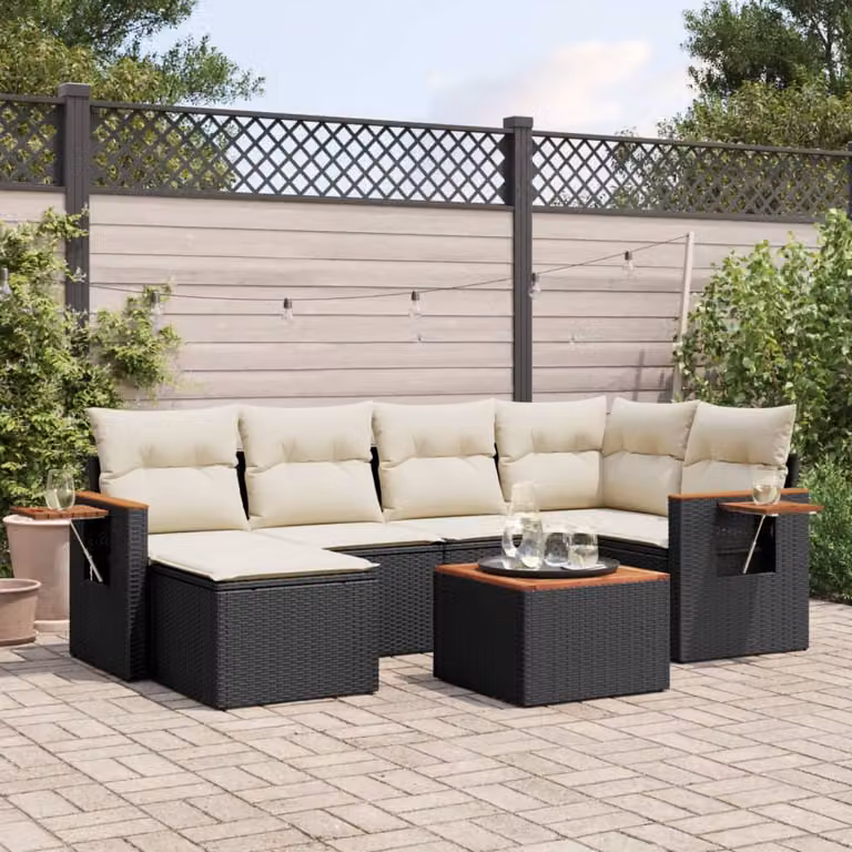 vidaXL Set Divani da Giardino a L con Cuscini 7pz in Polyrattan Nero e Bianco con Tavolino e Pouf