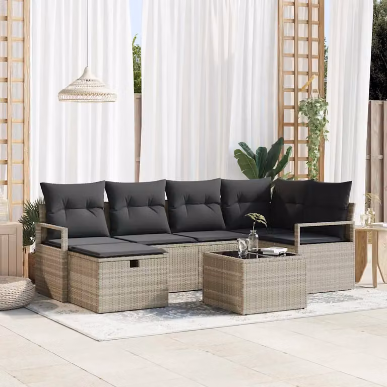 Set di divani da giardino vidaXL a forma di U composto da 7 pezzi con cuscini e tavolino, colore grigio