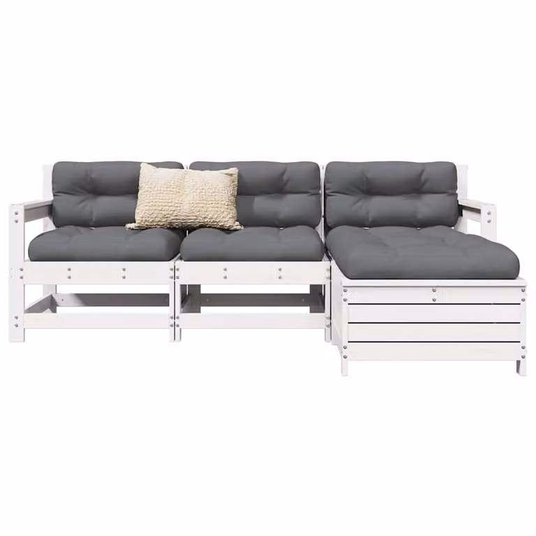 Set Salotto da Giardino vidaXL in Legno di Pino Bianco con Cuscini, Composizione a L con Divano a 3 Posti, Divano a 2 Posti, Elemento Angolare e Pouf