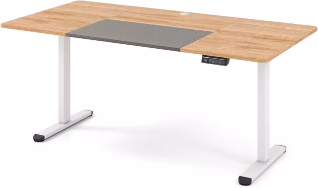 Scrivania elettrica regolabile in altezza Design Mania per ufficio e casa, piano in MDF laminato beige o marrone, L: 140 cm, P: 70 cm, H: 116 cm