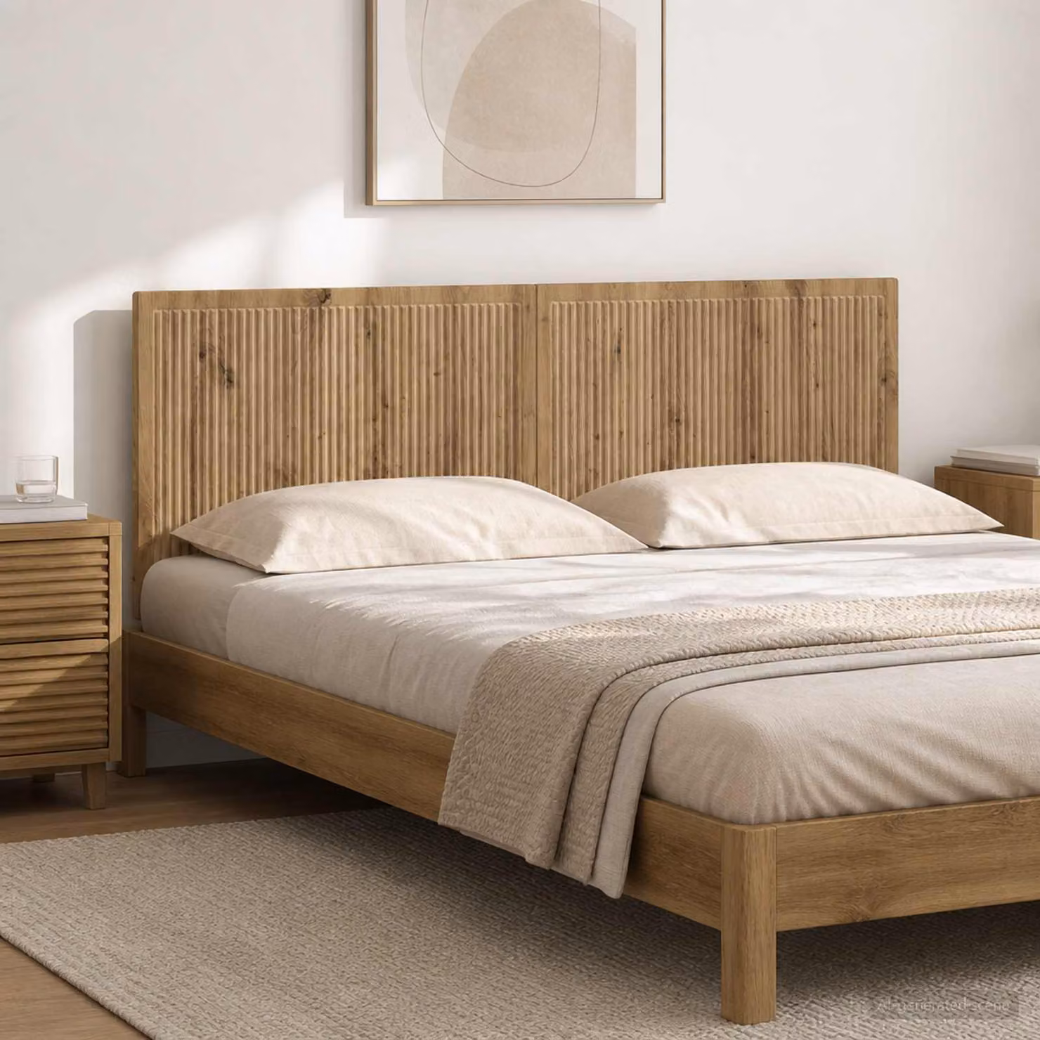 Testiera da muro vidaXL EDE in legno ingegnerizzato color rovere, con ripiano integrato e scomparti laterali, L: 140 cm, H: 50 cm, P: 3 cm