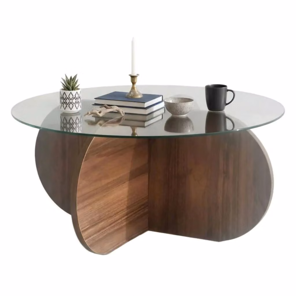 Tavolino da salotto moderno DMORA rotondo in vetro trasparente e legno marrone L: 75 cm, P: 75 cm, H: 35 cm – 2