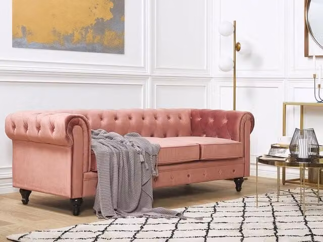 Divano Chesterfield BELIANI in Velluto Rosa a 3 Posti con Rivestimenti Rimovibili L: 202 cm, P: 75 cm, H: 70 cm – 1