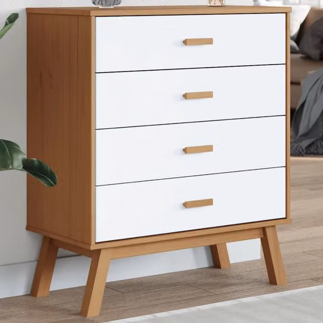 Cassettiera scandinava vidaXL in legno massello di pino cerato, Bianca e Marrone, L: 90 cm, P: 39 cm, H: 76,5 cm